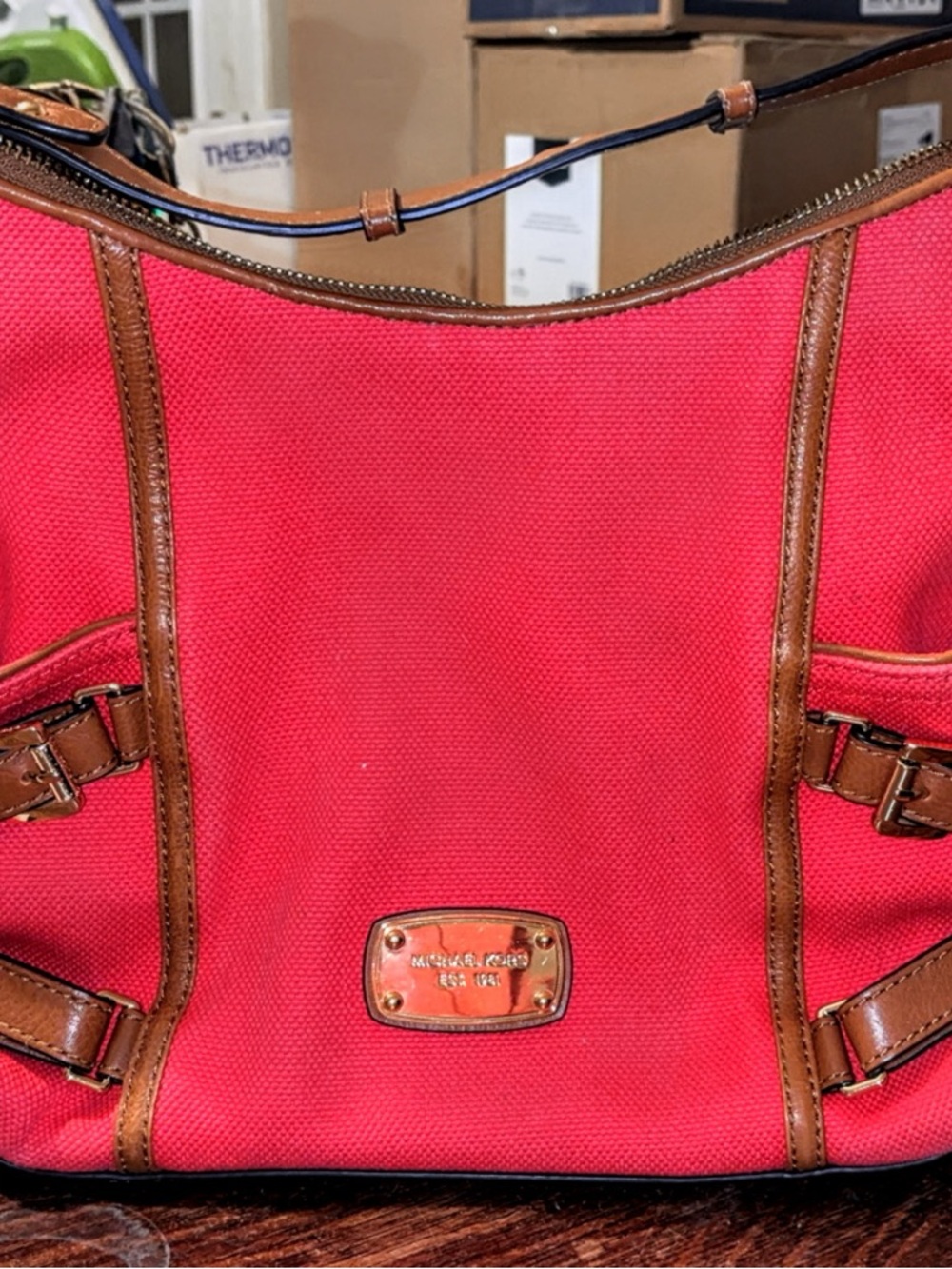 Michael Kors Coral Pebbled Canvas Shoulder Bag with Brown Leather Trim